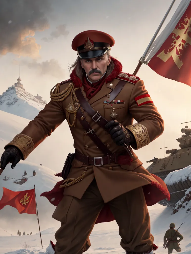 The image shows a man wearing a military uniform. He has a red hat with a black brim and a white feather. He is wearing a brown coat with gold epaulettes and a red sash. He is also wearing a sword and a pair of binoculars. He is standing in a snowy landscape and there are mountains in the background. There are also several other people in the image, who are also wearing military uniforms. They are all carrying flags and marching in formation.