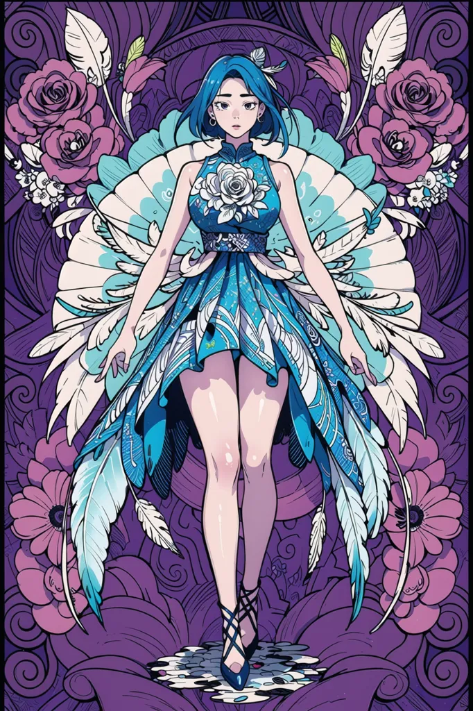 La imagen es una ilustración digital de una mujer joven que lleva un vestido de estilo cheongsam de color azul y blanco con patrones similares a plumas. El vestido tiene un cuello alto y una falda corta, y está decorado con flores blancas y rosas. La mujer tiene el cabello azul largo y ojos azules, y lleva un par de zapatos negros. Está de pie frente a un fondo morado con un patrón floral, y está rodeada de flores rosas y blancas.