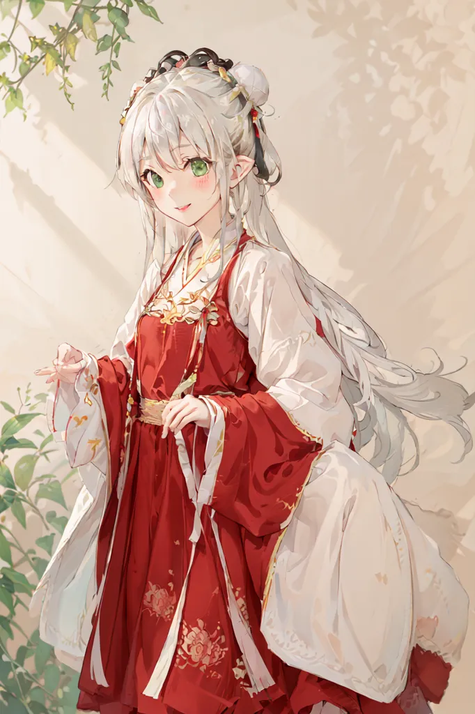 The image shows a beautiful anime girl with long white hair and green eyes. She is wearing a red and white Chinese dress with a white outer robe with long sleeves. The dress has a floral pattern and is tied with a red sash at the waist. She is standing in a garden with green plants and flowers in the background. The sun is shining brightly, and the girl has a happy expression on her face.