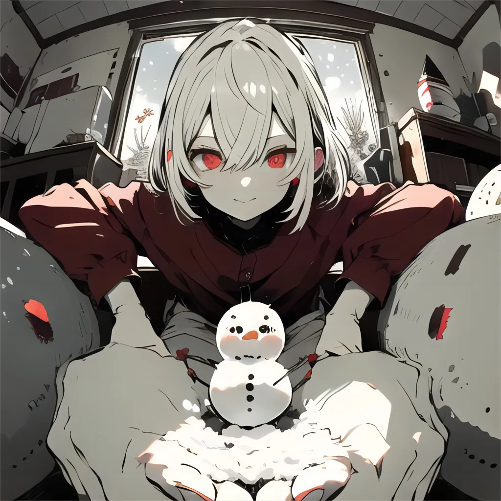 A girl with red eyes and white hair is holding a snowman. She is kneeling on the floor and looking at the camera. The girl is wearing a red shirt and white pants. The snowman has a carrot for a nose and two black buttons for eyes. The girl is smiling. The background is a snowy landscape with a house in the distance.