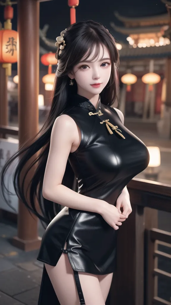 The image shows a young woman standing in a traditional Chinese courtyard. She is wearing a black cheongsam with a high collar and a slit at the side. The cheongsam is made of a shiny material and has gold buttons. The woman's hair is long and black, and she is wearing a red flower in her hair. She is also wearing gold earrings and a gold necklace. The woman's makeup is natural and she has a gentle smile on her face. The background of the image is a traditional Chinese courtyard with red lanterns hanging from the eaves. There is a wooden railing in front of the woman and a stone path leading away into the distance.