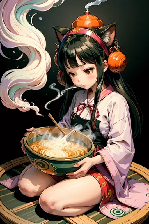 この画像は、猫の耳とヘッドフォンを付けたアニメスタイルの女の子が、ラーメンのボウルを食べている様子を描いています。彼女は畳の上に座り、箸を持っています。女の子は長い黒髪と緑の目をしており、伝統的な日本の着物を着ています。背景は暗い色で、床の上に白い猫が眠っています。