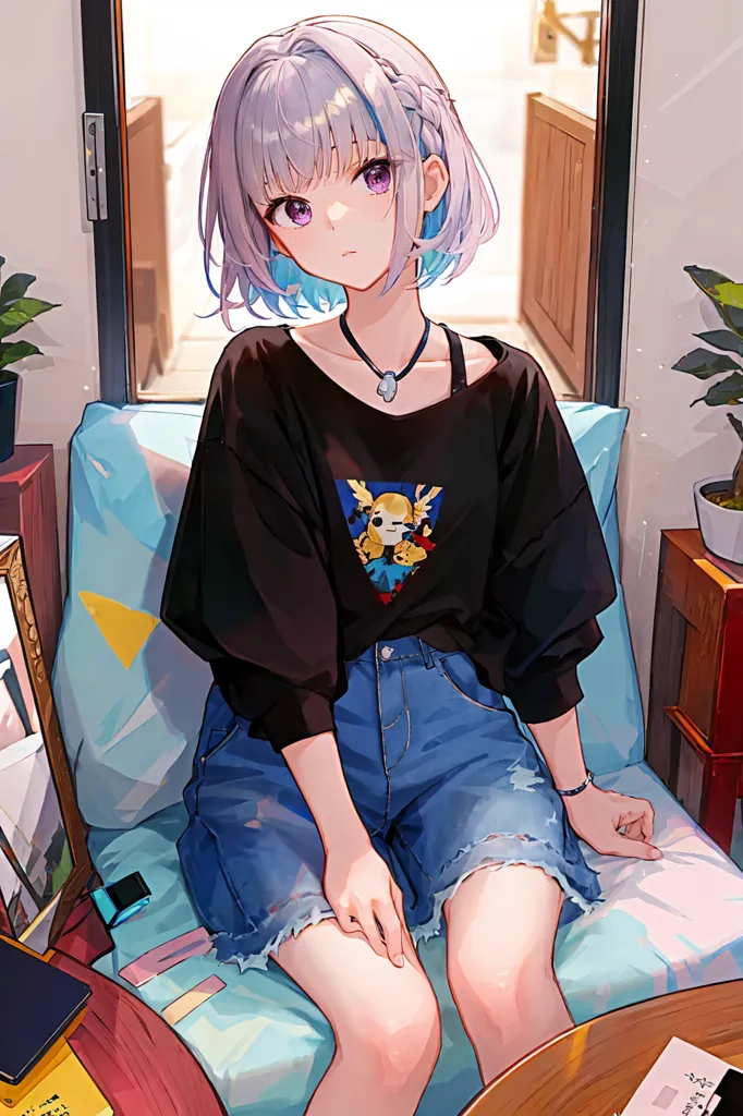 The image shows a young woman with silver hair and purple eyes. She is wearing a black shirt with a colorful pattern, denim shorts, and a necklace. She is sitting on a couch, with a table next to her. On the table is a potted plant and what appears to be a Nintendo Switch controller. There is another plant on the floor next to the couch. The woman is looking at the viewer with a slightly surprised expression on her face.