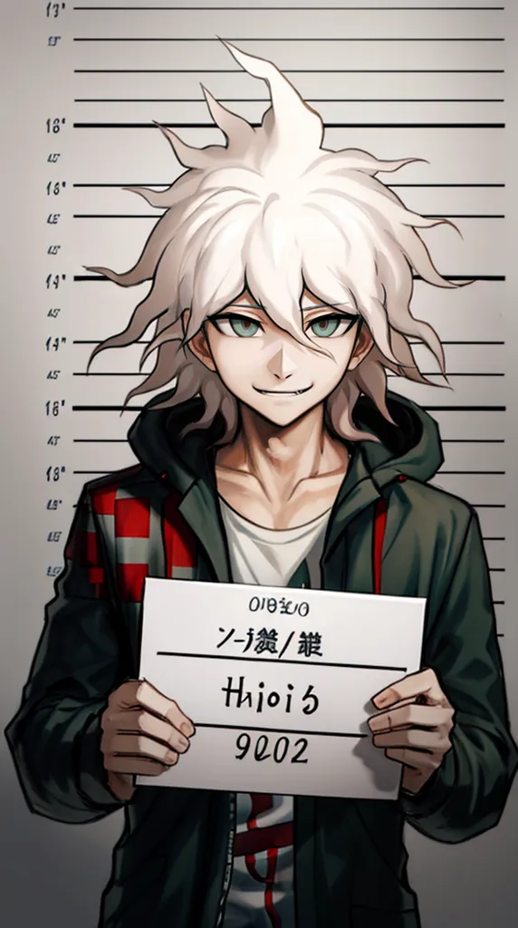 The image shows a young man with white hair and green eyes. He is wearing a black jacket with red and white stripes on the sleeves. He has a smug expression on his face and is holding a sign that says "Hinata Hajime" in Japanese. In the background, there is a white wall with lines to measure height.