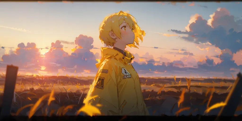 Esta é uma ilustração em estilo anime de uma jovem garota em pé em um campo de trigo ao pôr do sol. A garota está usando um casaco amarelo e tem cabelos loiros curtos. Ela está olhando para o horizonte com uma expressão serena no rosto. O sol está se pondo atrás dela, lançando um brilho quente sobre a cena. O céu é um gradiente de laranja e amarelo. O campo de trigo é um mar de ouro. A garota está no meio do campo, com os braços ao lado do corpo. Ela está sozinha, mas não parece solitária. Ela parece estar em paz consigo mesma e com o seu entorno. A ilustração é feita em um estilo realista, com cores e sombreamento suaves. O artista utilizou uma variedade de técnicas para criar uma sensação de profundidade e atmosfera, incluindo perspectiva, iluminação e teoria das cores. O efeito geral é de beleza e tranquilidade.