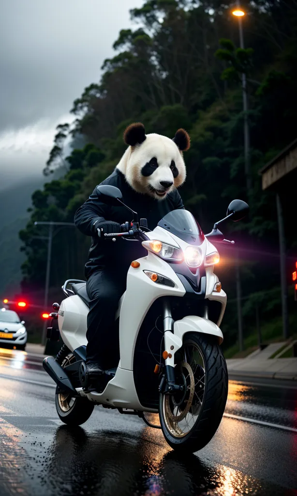 The image shows a panda riding a motorcycle. The panda is wearing a black leather jacket and a panda head. The motorcycle is white and black. The panda is riding in the rain. There are trees and buildings in the background. The panda is riding in the left lane and there is a car in the right lane with its brake lights on.