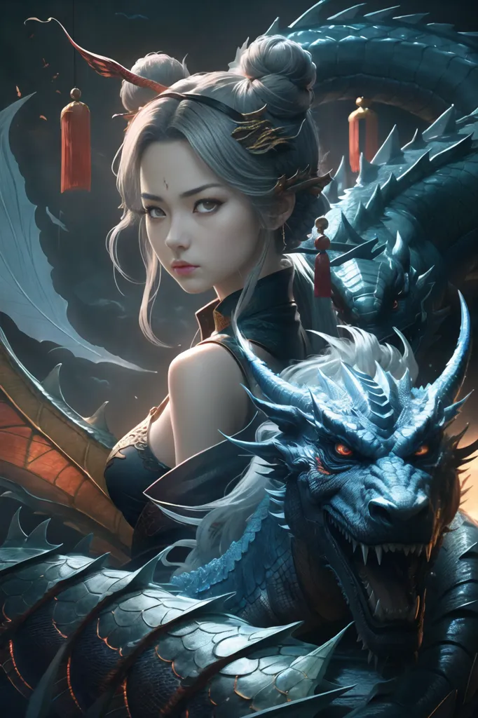 The image is of a woman with long white hair and silver eyes. She is wearing a black and gold dress with a high collar. She has a dragon on each shoulder. The dragons are both blue and have red eyes. The woman is standing in front of a dark background with a red and yellow glow around her.