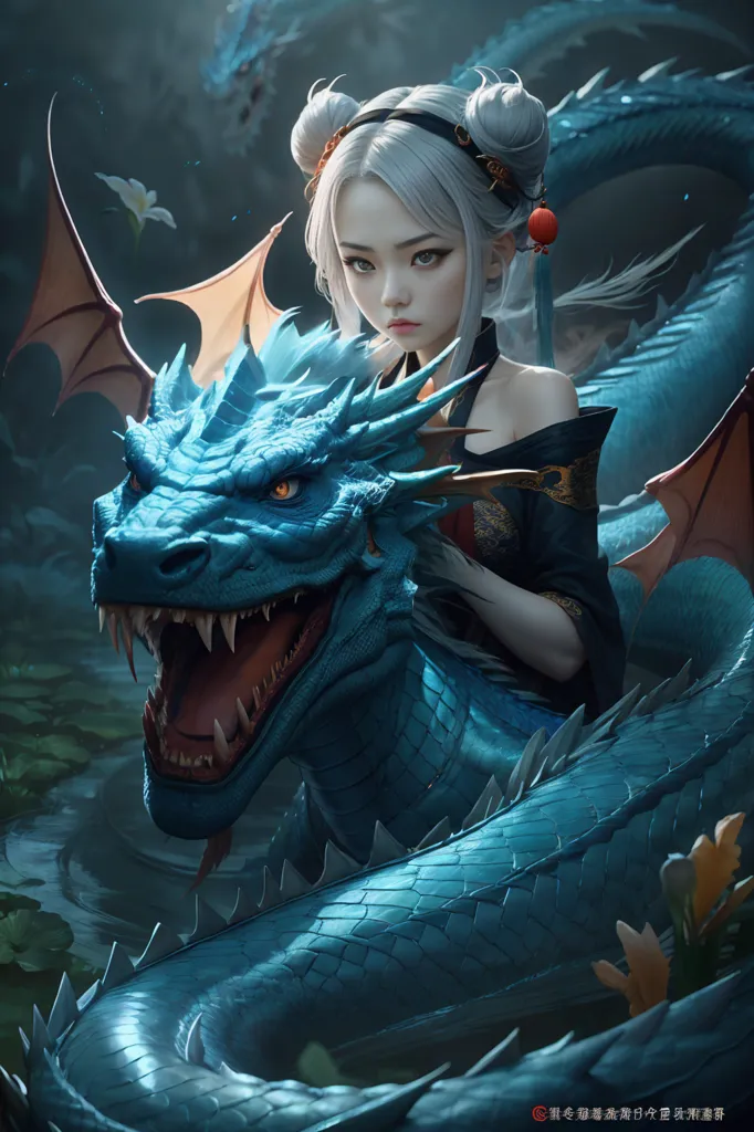 The image is of a woman with long white hair and silver eyes riding on a blue dragon. The woman is wearing a white and blue kimono. The dragon has blue scales and yellow eyes. The background is a dark blue with white flowers. The woman is holding the dragon's reins with her left hand and has her right hand on its neck. The dragon is flying in the air above a body of water.