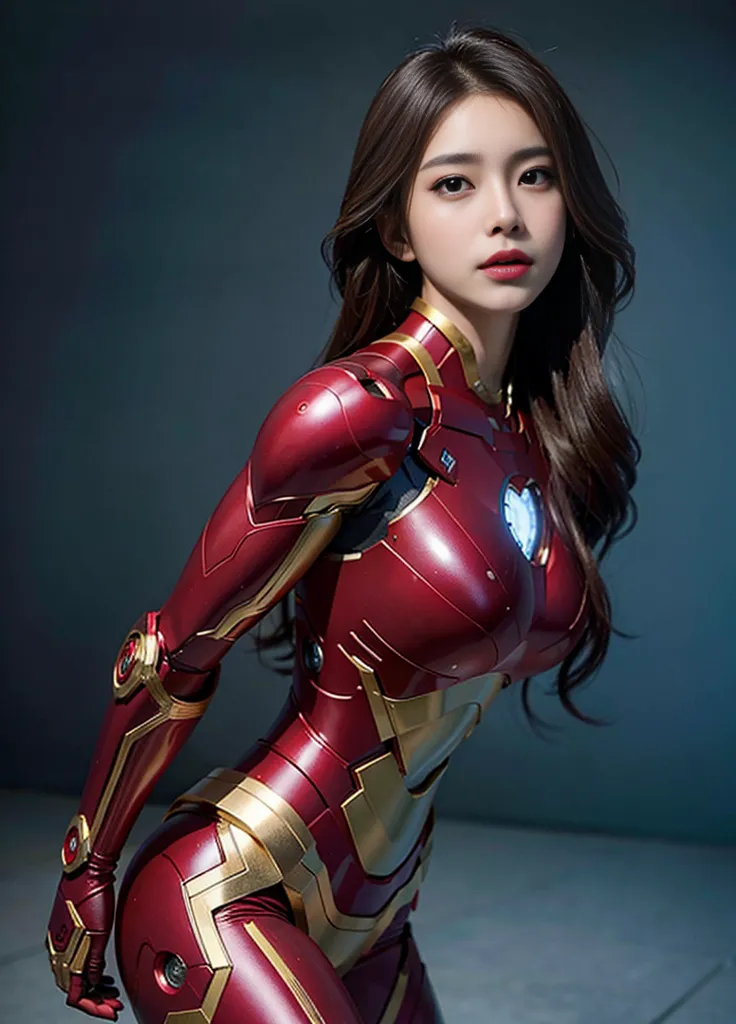 The image shows a young woman with long brown hair and brown eyes. She is wearing a red and gold Iron Man suit. The suit has a heart-shaped reactor on the chest, and the arms and legs are gold. The woman is standing in a confident pose, with her left hand on her hip and her right hand holding her helmet. She is looking at the viewer with a serious expression. The background is a dark blue color.