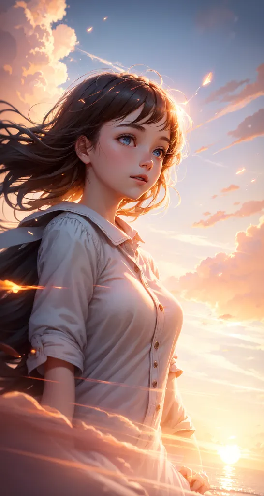 This is an image of a beautiful anime girl with long brown hair and blue eyes. She is wearing a white blouse and is standing in front of a sunset. The sky is a gradient of orange and yellow, and there are some clouds in the background. The girl is looking to the right of the frame and has a peaceful expression on her face.