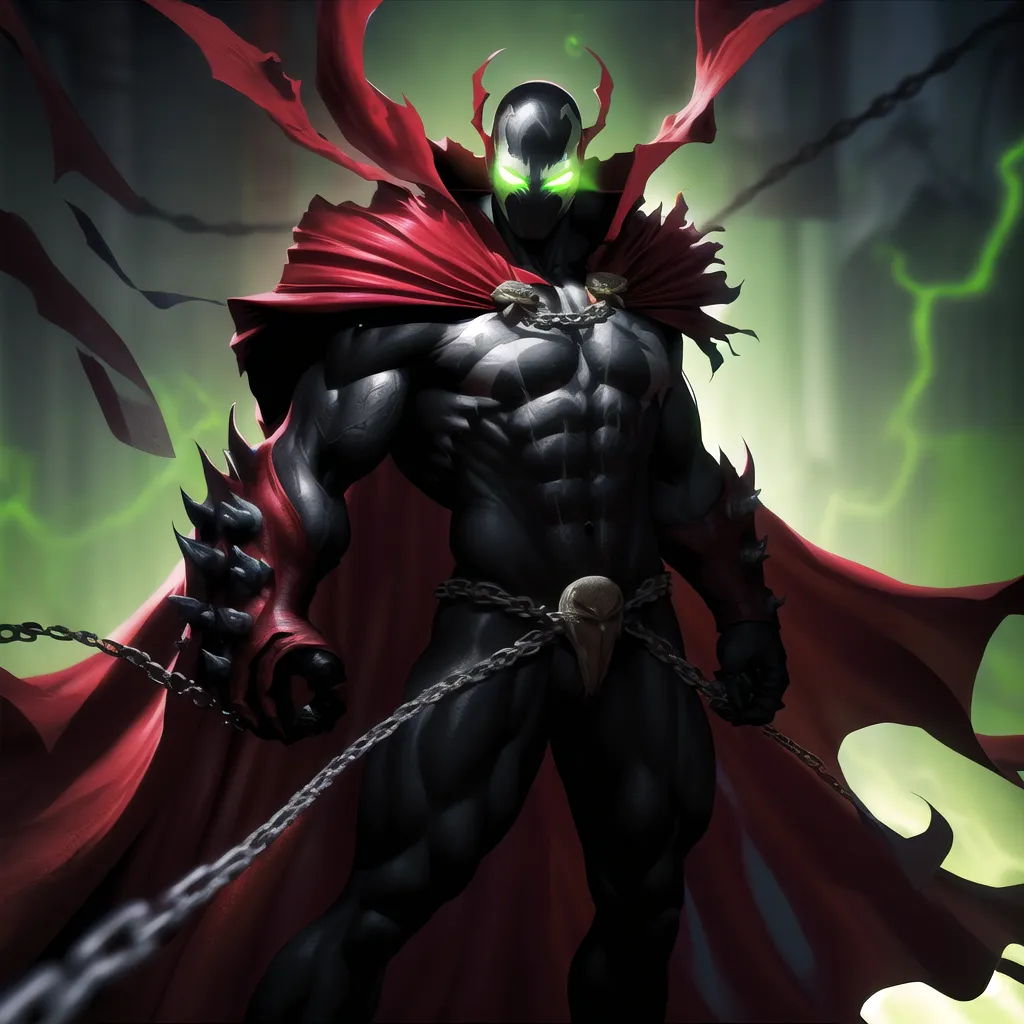 The image is of a comic book character, Spawn. He is standing in a dark place. He is wearing a black and red suit and a skull on his belt. His eyes are glowing green and he has a green symbol on his chest. He is also wearing a red cape. He is surrounded by chains and has a determined look on his face.