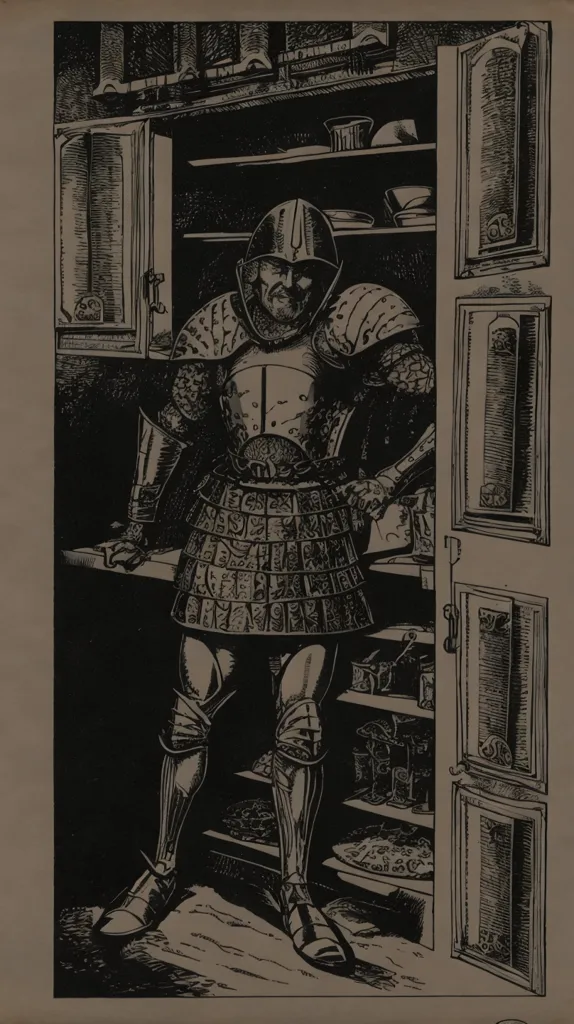 The image is a black-and-white drawing of a knight standing in a dark room. The knight is wearing a full suit of armor and is holding a sword. The room is full of shelves and cabinets. On the shelves are various objects, including books, potions, and weapons. The knight is looking at the viewer with a stern expression.