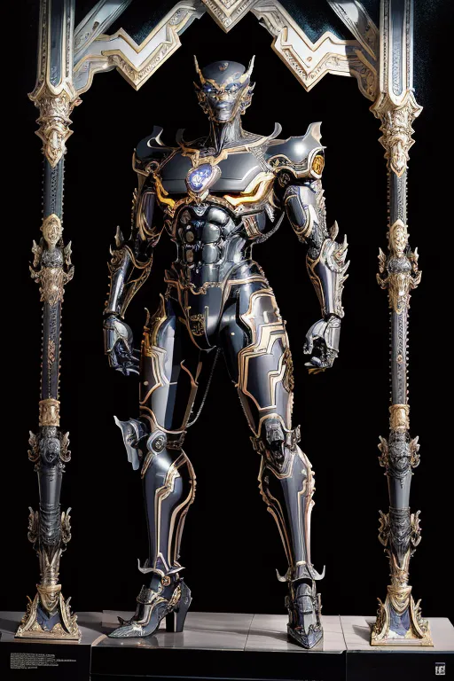 The image is a dark, metallic robot with intricate golden details. It is standing in a powerful pose, with its feet shoulder-width apart and its arms at its sides. The robot's head is featureless, with a smooth, metallic surface. Its eyes are glowing blue, and it has a small, triangular mouth. The robot's body is covered in sharp, angular armor, and it has a pair of large, metallic wings. It is standing on a small, metallic platform, and there is an ornate golden frame behind it.