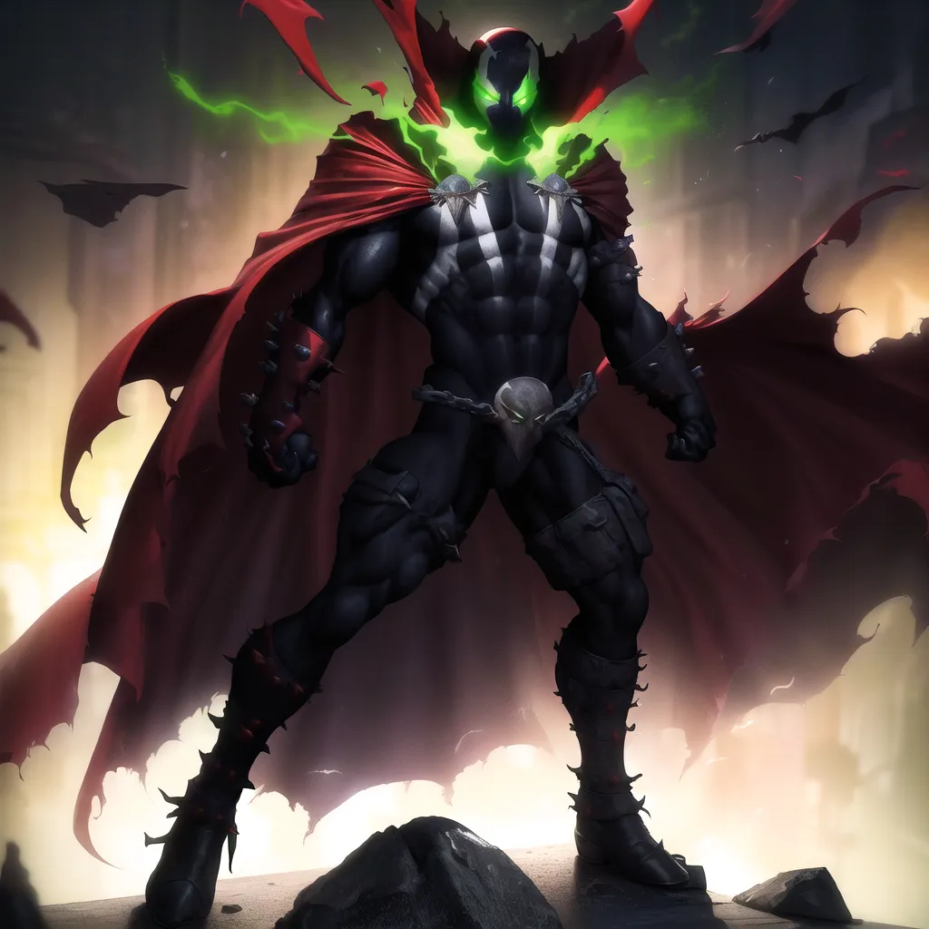 The image is of a superhero. He is wearing a black and red suit and a red cape. His face is covered by a skull-like mask. He is standing on a rock in front of a dark background. There are bats flying around him and the sky is full of red clouds.