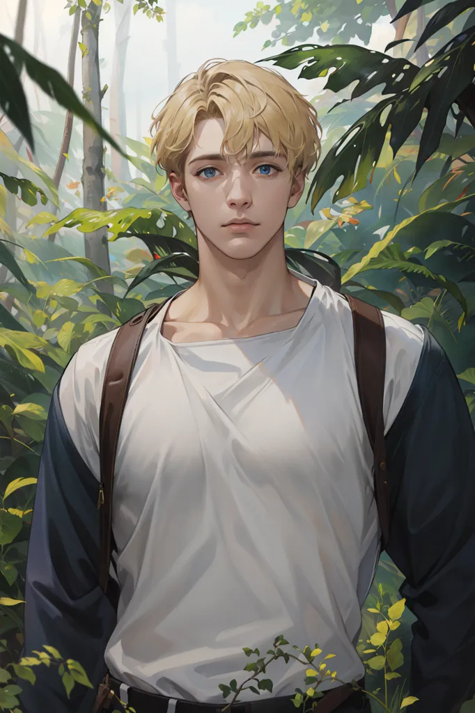 This is a digital painting of a young man with blond hair and blue eyes. He is standing in a lush green jungle, wearing a white shirt and brown pants. He has a backpack on his back and looks like he is ready for an adventure. The painting is done in a realistic style, and the artist has paid close attention to detail. The man's expression is one of determination and focus, and it is clear that he is on a mission. The painting is full of vibrant colors, and the artist has used light and shadow to create a sense of depth and atmosphere.