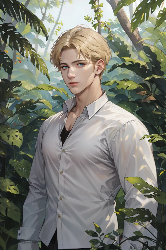 This is a picture of a handsome blond man standing in a lush green jungle. He is wearing a white shirt that is partially unbuttoned, showing off his muscular chest. The man has light blue eyes and a determined expression on his face. He is surrounded by large green leaves and the sun is shining brightly through the trees.