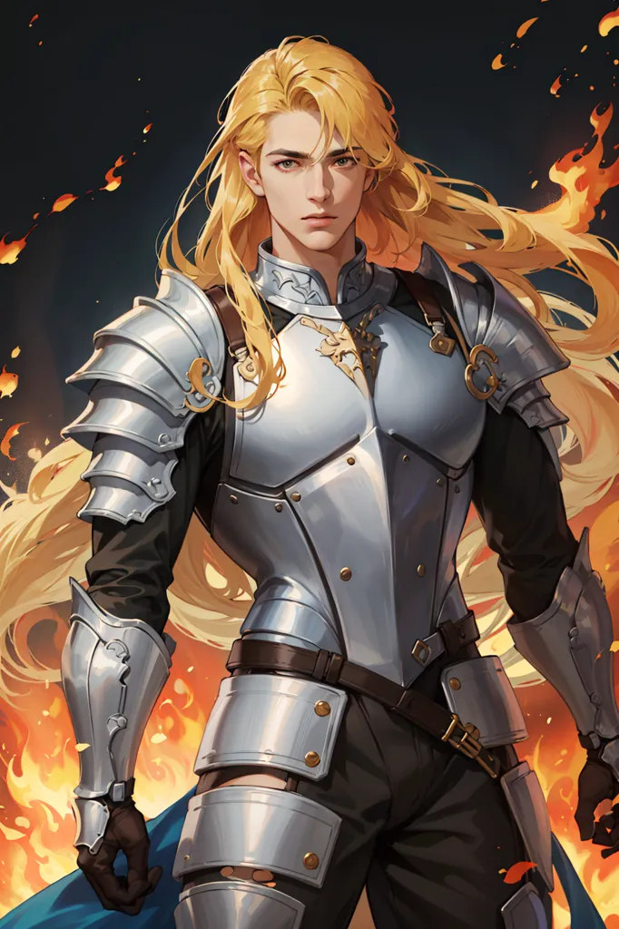 This is an image of a person with long blond hair and gray eyes. They are wearing a silver cuirass with a brown belt and black pants. They are also wearing a blue cape and have a sword on their left hip. The background is orange and there are flames on either side of the person.