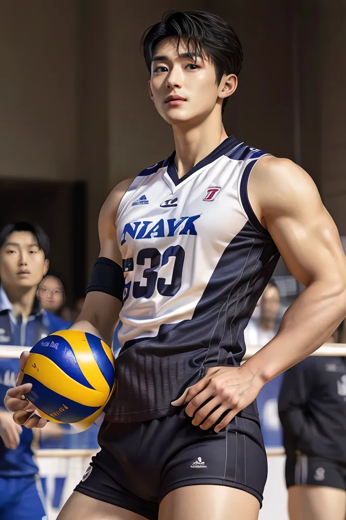 Esta es una foto de un jugador de voleibol masculino joven. Lleva una camiseta blanca y azul con el número 30. También lleva pantalones cortos negros. Tiene un balón de voleibol en la mano derecha. Tiene una expresión decidida en el rostro, mirando hacia su izquierda, como si estuviera observando el balón durante un partido.