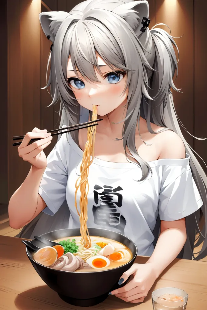 The image is of an anime girl with white hair and blue eyes. She is wearing a white shirt with a black cat on it and has cat ears. She is eating ramen with chopsticks. The background is a blur of brown and yellow.