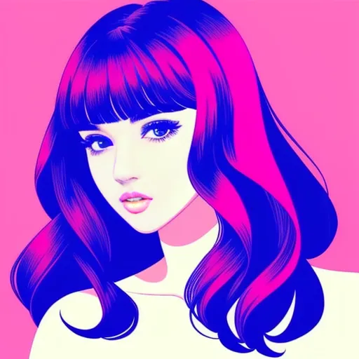 The image is a drawing of a young woman with bright blue eyes, pink blush, and bright pink and blue hair. She is looking at the viewer with her head tilted slightly to the right. She is wearing a white turtleneck blouse. The background is pink.