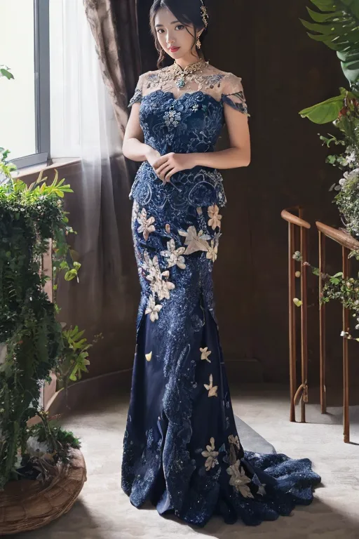 L'image montre une femme portant une robe de soirée bleu marine avec un décolleté en cœur. La robe est décorée de broderies florales complexes et de perles. Les cheveux de la femme sont tirés en chignon et elle porte un collier et des boucles d'oreilles. Elle se tient devant une fenêtre et il y a des plantes en arrière-plan.