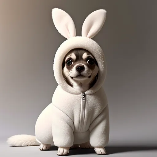 The image shows a small dog wearing a white bunny costume with long floppy ears and a zipper in the front. The dog is sitting down and looking at the camera with a curious expression. The background is a light gray color.