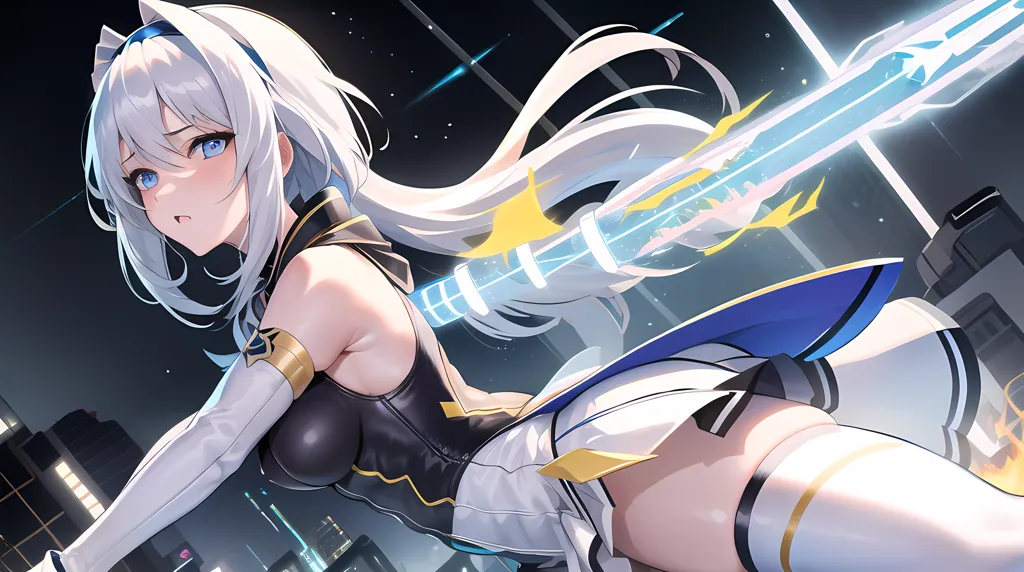 The image is of a young woman with long white hair and blue eyes. She is wearing a black and white bodysuit with a blue skirt. She is also wearing a pair of white boots. She is standing in a city and there are buildings in the background. She is holding a large sword in her right hand. The sword is glowing blue. She has a serious expression on her face.