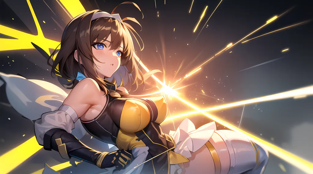 The image is of an anime-style girl with brown hair and blue eyes. She is wearing a yellow and black outfit and is in a fighting stance. There is a bright light in the background and she is surrounded by yellow and white energy.