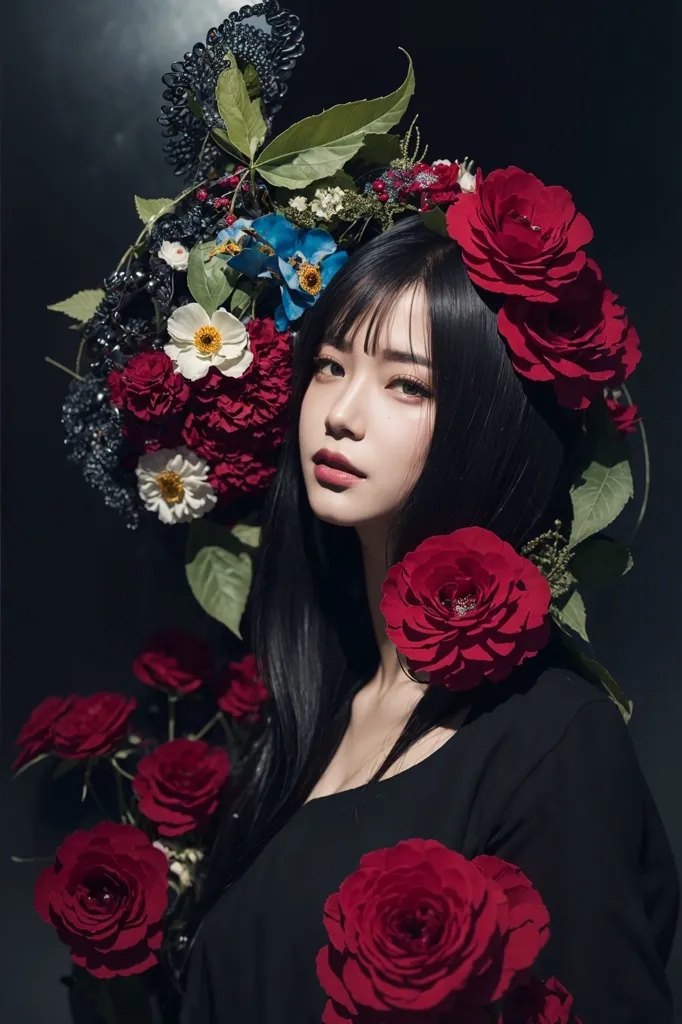 A young woman with long black hair is wearing a black dress. She has a large flower crown on her head made of red, white, and blue flowers. The crown is made of roses, daisies, and other small flowers. She is looking at the camera with a serious expression. There are red roses on her shoulder and by her face. The background is black.