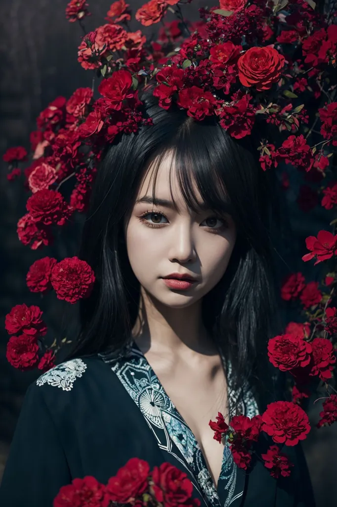 Uma jovem mulher com cabelos pretos longos e lábios vermelhos está em pé em frente a um fundo escuro. Ela está usando um quimono azul-marinho com flores brancas e vermelhas. O cabelo da mulher está penteado de uma maneira tradicional japonesa. Ela olha para a câmera com uma expressão séria. Há flores vermelhas em seu cabelo e em torno de seu pescoço.