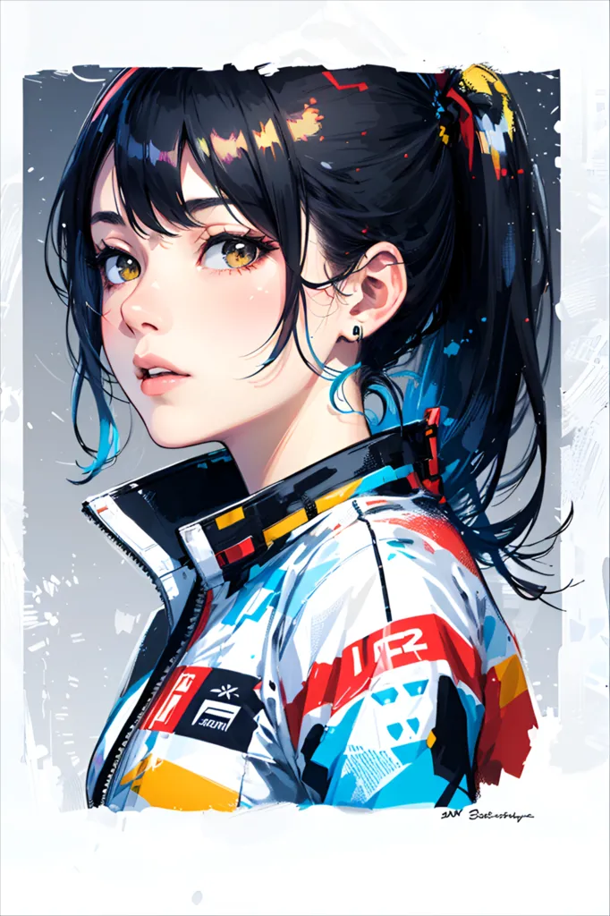 The image is a digital painting of a young woman with long black hair and yellow eyes. She is wearing a white and blue jacket with yellow and red accents. The jacket has a geometric pattern and the word \