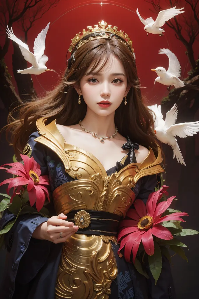 This is an image of a beautiful woman with long brown hair and brown eyes. She is wearing a golden armor with a blue sash and a crown on her head. She is also wearing a necklace and earrings. She is surrounded by white doves and red and pink flowers. The background is dark with a red circle in the middle. The woman is looking at the viewer with a serious expression.