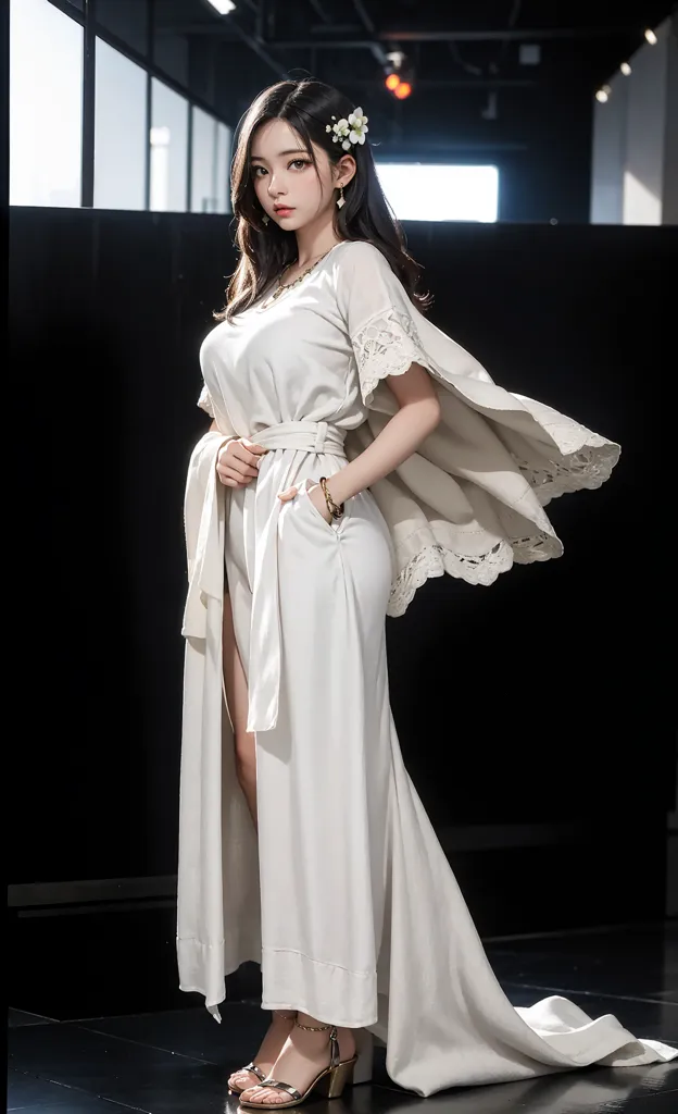 The image shows a woman wearing a white dress with a cape-like shawl. The dress has a high slit, showing off her legs. She is also wearing silver heeled sandals. Her hair is long and dark, and she is wearing a white flower in her hair. She is standing in a dark room, with a spotlight shining on her.