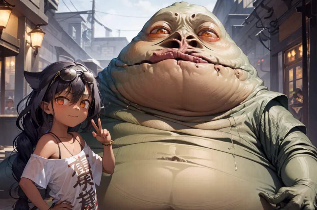 The image shows a large, green, slug-like creature standing in a street. The creature is wearing a white shirt and has its arms crossed. Next to it is a small, human girl with black hair and brown eyes. The girl is wearing a white shirt and black shorts. She is smiling and has her arm around the creature's arm. In the background, there is a city with tall buildings and a lot of traffic.