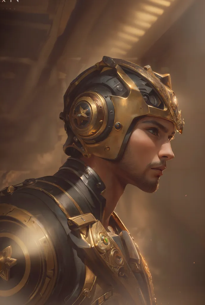 Esta é uma imagem de um homem usando um capacete dourado com uma estrela no lado. Ele está olhando para a direita do quadro. Ele está usando uma camisa escura com detalhes em dourado e tem um pauldrom dourado no ombro direito. Ele tem uma expressão séria no rosto. O fundo está desfocado e é de uma cor escura.