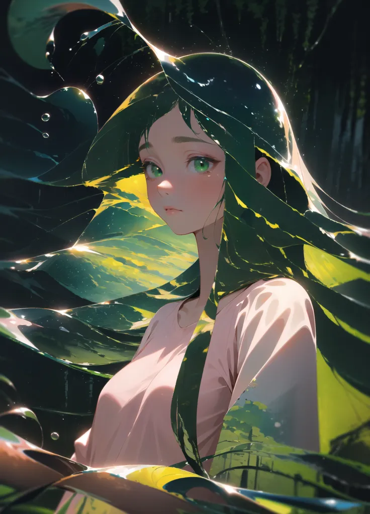 The image is a portrait of a young woman with long green hair. She is wearing a white shirt and has a serene expression on her face. The background is a blur of green leaves. The image is done in an anime style and the colors are vibrant and bright.