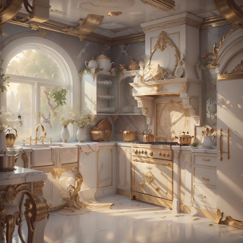 The image shows a luxurious kitchen with white and gold as the main colors. The kitchen is spacious and has a large window that lets in plenty of natural light. The cabinets are made of white marble and have gold accents. The countertops are also made of white marble. The sink is made of gold and has a unique design. The faucet is also made of gold and has a unique design. The stove is made of stainless steel and has a gold hood. The oven is also made of stainless steel and has a gold door. The refrigerator is made of stainless steel and has a gold door. The microwave is also made of stainless steel and has a gold door. The dishwasher is also made of stainless steel and has a gold door. The kitchen has a large island with a white marble top and gold accents. The island has a sink and a stovetop. The kitchen also has a large dining table with a white marble top and gold accents. The chairs are made of white leather and have gold accents. The kitchen is decorated with a variety of gold accents, including vases, bowls, and candles. The kitchen is also decorated with a variety of plants. The plants are all in white pots. The kitchen is very luxurious and has a very elegant look.