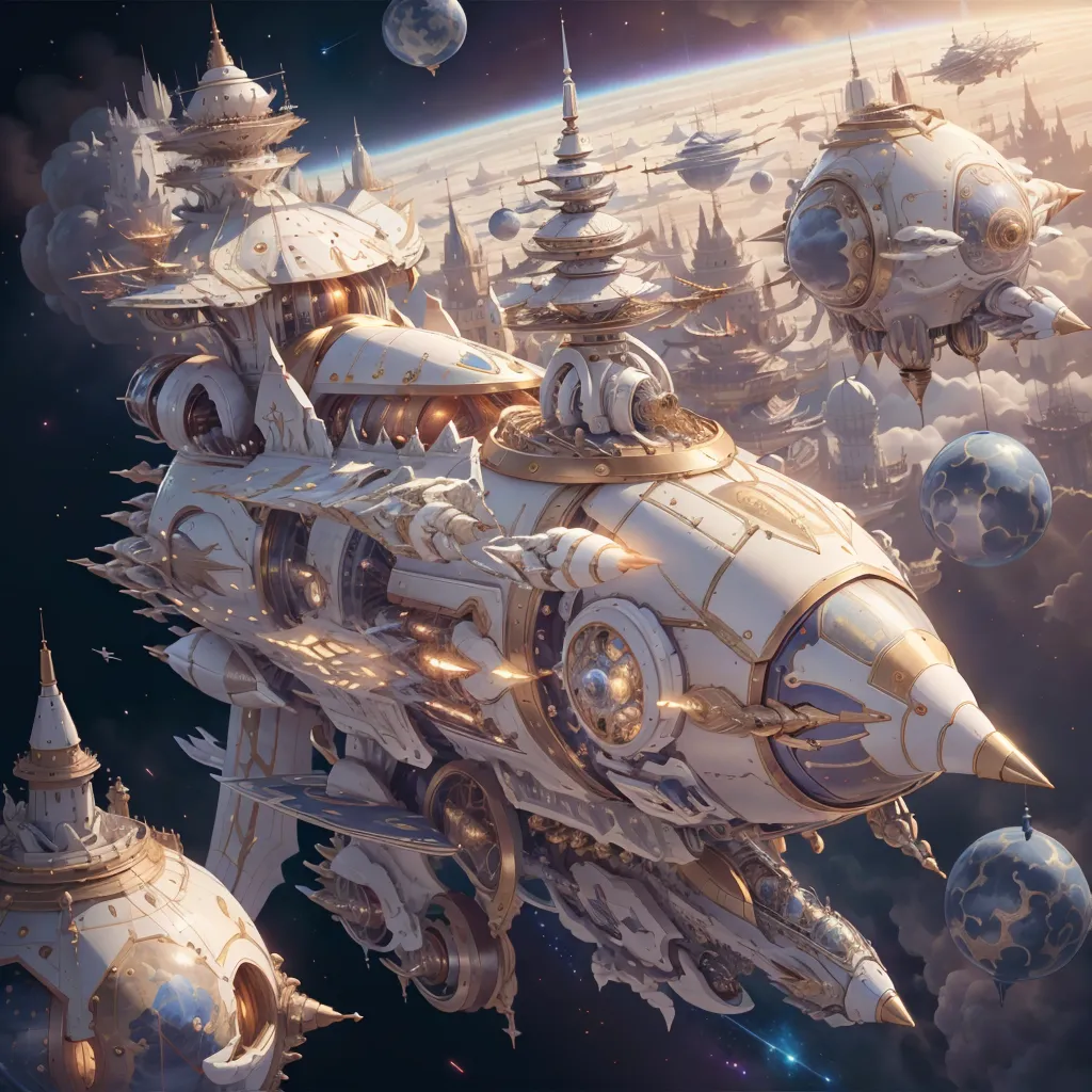 The image is a painting of a futuristic spaceship. The ship is white and gold, with a long, sleek body and large, powerful engines. It is surrounded by several smaller ships, which are also white and gold. The ships are flying in a formation, and they are all moving towards the viewer. In the background, there is a planet. The planet is blue and white, and it is surrounded by a thick atmosphere. The painting is very detailed, and the artist has used a variety of techniques to create a sense of realism. The image is both beautiful and awe-inspiring, and it is a testament to the artist's skill.