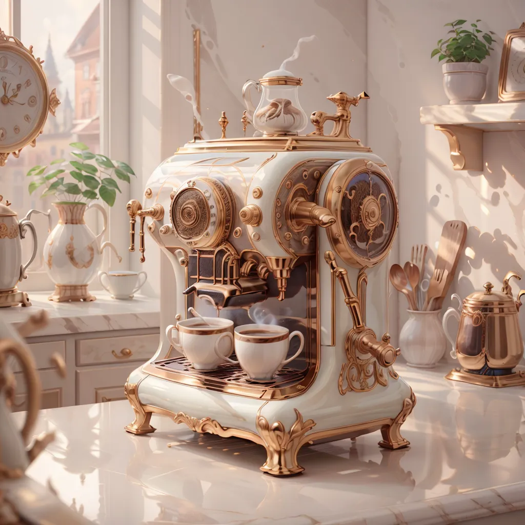 The image shows a beautiful white and gold coffee machine sitting on a white marble countertop. The machine is ornate and has a lot of detailing. There are two cups of coffee sitting on the drip tray and a small pitcher sitting on the top of the machine. There is a plant sitting on the counter to the left of the machine and a few decorative pieces sitting on the counter to the right of the machine. There is a window in the background with white curtains. The overall aesthetic of the image is very clean and bright.