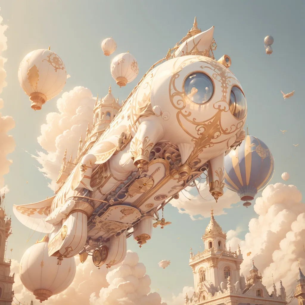 The image shows a steampunk airship flying over a city. The airship is white and gold, with intricate details and a large propeller at the back. It has the shape of a whale and portholes along its side. The city is made up of tall buildings with spires and domes, and there are several hot air balloons flying around. The sky is blue and cloudy, and the sun is shining.