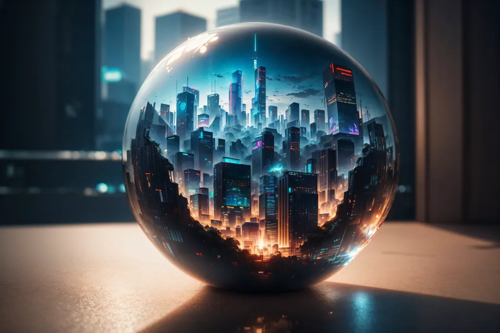 The image is a photo of a glass ball with a cityscape inside it. The cityscape is of a futuristic city with tall buildings and bright lights. The glass ball is sitting on a reflective surface, which is reflecting the cityscape. The background of the image is a blurred out view of a city.