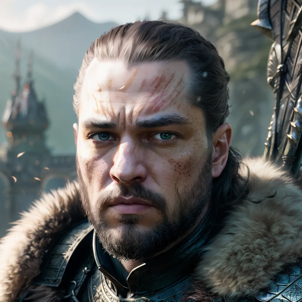 This is a picture of a man with scars on his face. He has brown hair and green eyes. He is wearing a fur-lined coat and a leather jerkin. He looks like he is a warrior or a soldier. He has a determined expression on his face. The background is a castle or fortress.