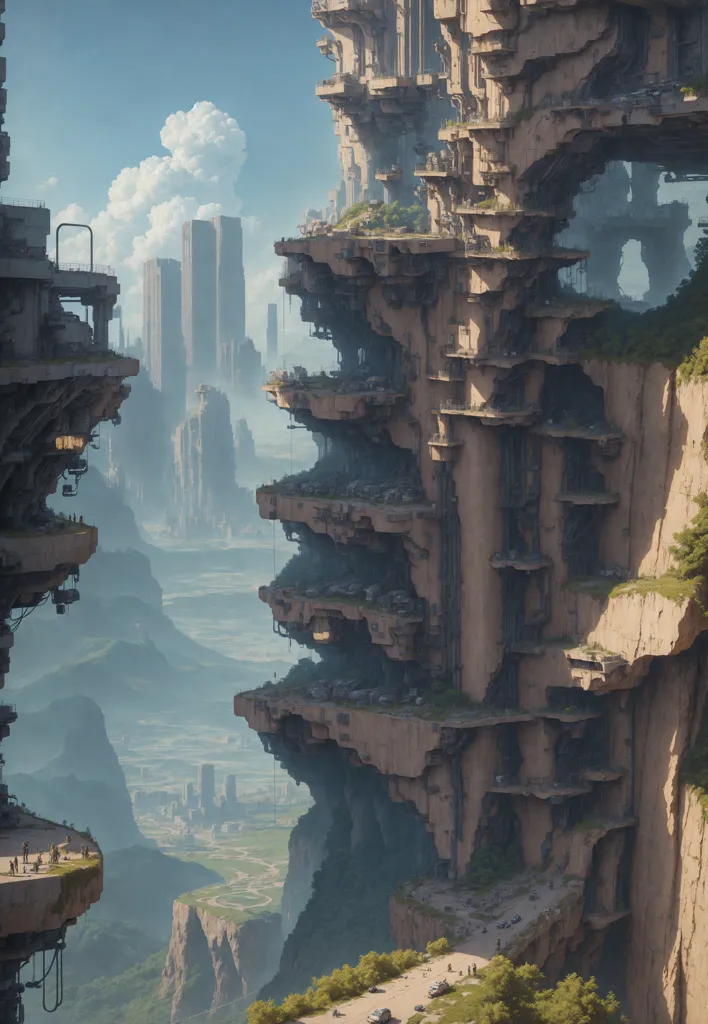 The image shows a city built on a cliff. The city is made up of tall buildings and structures, many of which are in ruins. The buildings are made of a variety of materials, including concrete, metal, and wood. The city is surrounded by a large canyon. There are two large buildings that stand out above the rest of the city. The buildings are connected by a bridge. The sky is blue and there are some clouds.