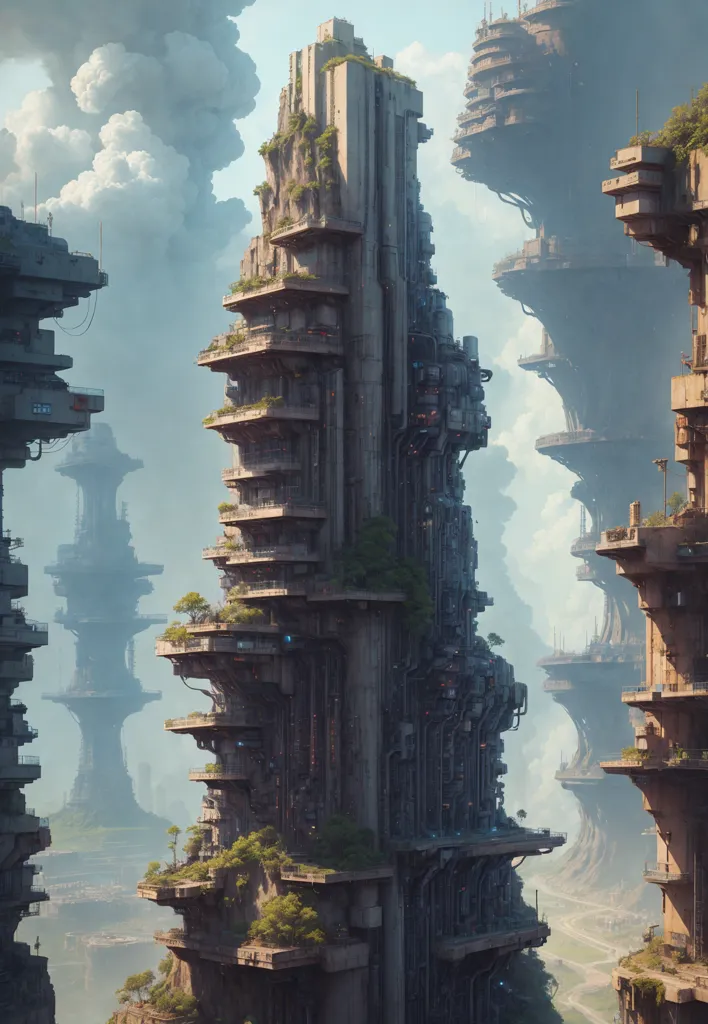 The image shows a futuristic city with tall buildings and lush vegetation. The buildings are made of stone and metal, and they are covered in plants. The city is built on a river, and there are mountains in the background. The sky is cloudy, and there is a hint of sunlight shining through the clouds. The image is full of detail, and it is clear that the artist has put a lot of thought into creating it.