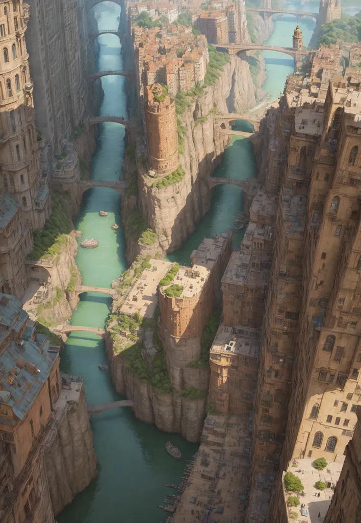 The image is a painting of a city built in a canyon. The city is made up of tall buildings, many of which are built on top of each other. The buildings are made of a variety of materials, including stone, brick, and wood. The city is crossed by a river, which flows through the canyon. The river is spanned by several bridges. The city is surrounded by mountains. There are people walking around in the streets and on the bridges. There are also some boats on the river. The painting is done in a realistic style and the colors are muted.