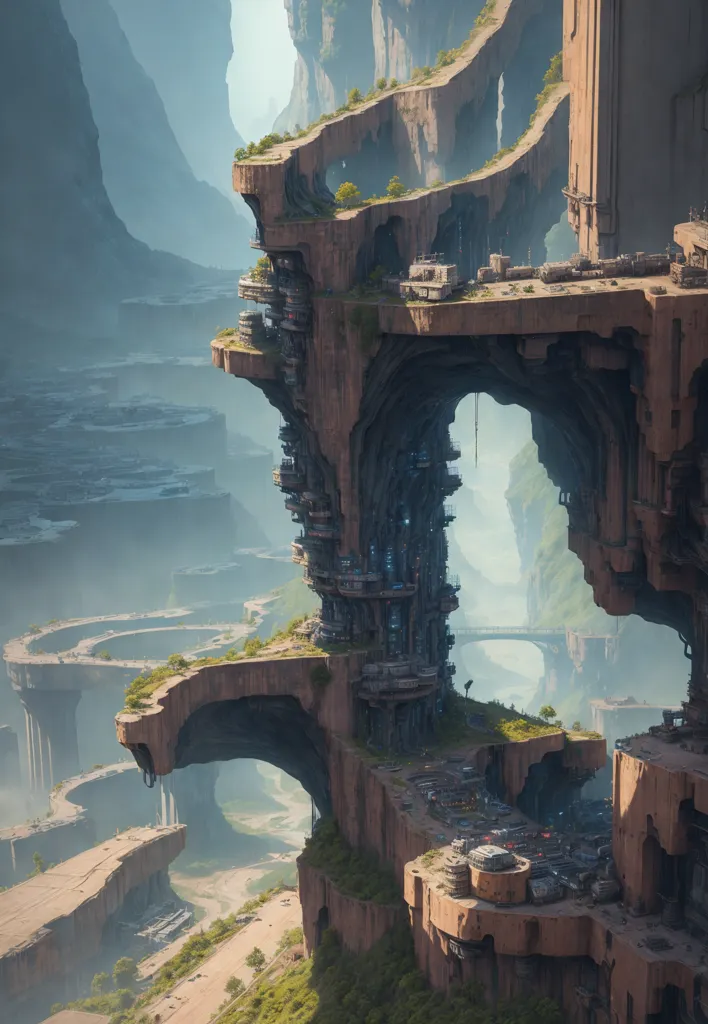 The image shows a futuristic city built on a series of giant cliffs. The cliffs are made of a light brown rock, and the city is built on a series of platforms that are connected by bridges and walkways. The city is surrounded by a large valley, and there are mountains in the background. The sky is a light blue color, and there are some clouds in the distance.