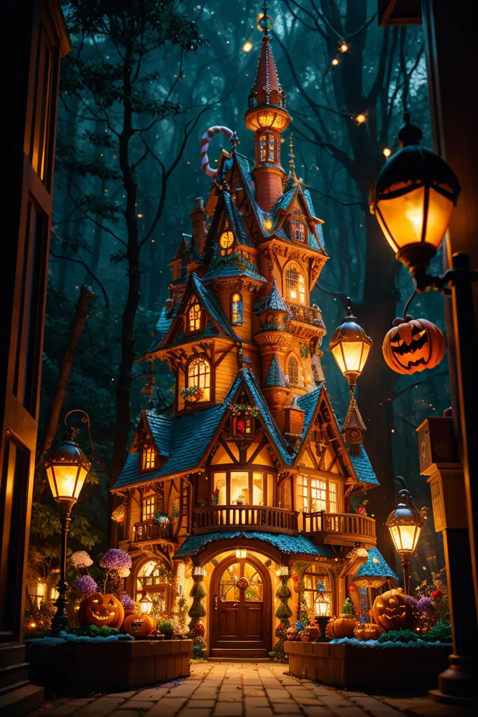 The image is a tall, narrow house with a blue roof and yellow walls. It has many windows and a large door. There is a path leading up to the house, and there are trees and bushes on either side of the path. The house is lit up by several lanterns, and there are pumpkins carved with faces on the ground. The night sky is dark and there are stars and a crescent moon.