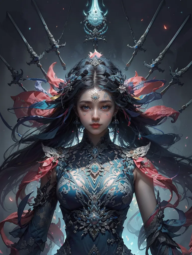 This image shows a beautiful woman with long, flowing black hair. She is wearing a blue and red dress with intricate details. She has a serene expression on her face and is looking at the viewer. There are several swords floating around her. The background is dark with a blue light shining down on her.