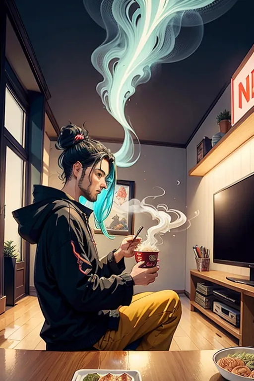 A man with blue hair in a bun is sitting on the floor in front of a TV. He is wearing a black sweatshirt and yellow pants. He is eating a bowl of noodles with chopsticks. The noodles are steaming. There is a plate of food on the floor next to him. There is a television in the background. There is a plant in the background.