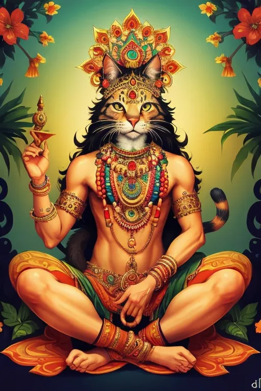 The image is a painting of a cat dressed as a Hindu god. The cat is sitting cross-legged on a lotus flower, with its eyes closed and a serene expression on its face. It is wearing a golden crown, a red and gold necklace, and a white and gold dhoti. The cat's body is covered in intricate tattoos, and its hands and feet are adorned with gold jewelry. The background of the painting is a green jungle, with a river flowing through it. The painting is done in a realistic style, and the cat is depicted with great detail.